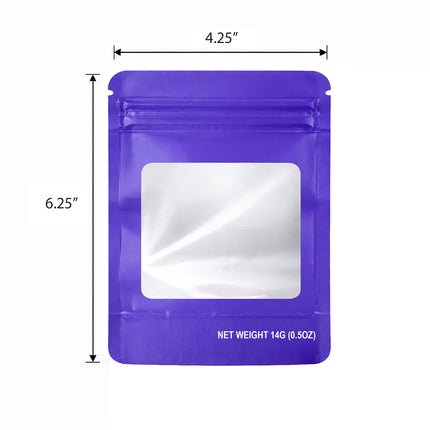 50 Pack – 14g Solid Color Mylar Bags with Square Window - Purple