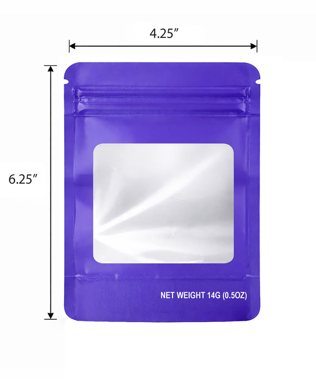 50 Pack – 14g Solid Color Mylar Bags with Square Window - Purple