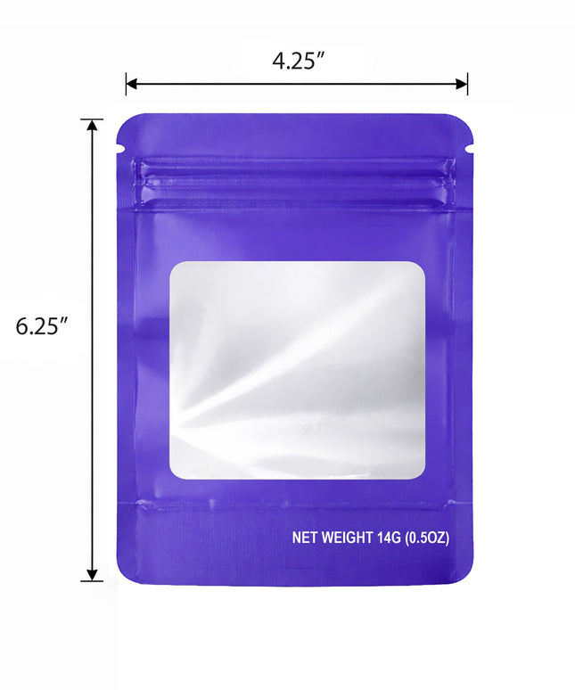 50 Pack 14g Solid Color Mylar Bags with Square Window - Purple