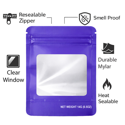 50 Pack – 14g Solid Color Mylar Bags with Square Window - Purple