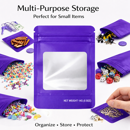 50 Pack – 14g Solid Color Mylar Bags with Square Window - Purple