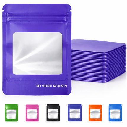 50 Pack – 14g Solid Color Mylar Bags with Square Window - Purple