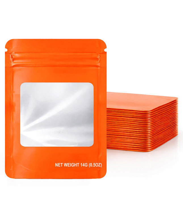 50 Pack – 14g Solid Color Mylar Bags with Square Window - Orange