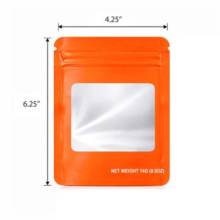 50 Pack – 14g Solid Color Mylar Bags with Square Window - Orange