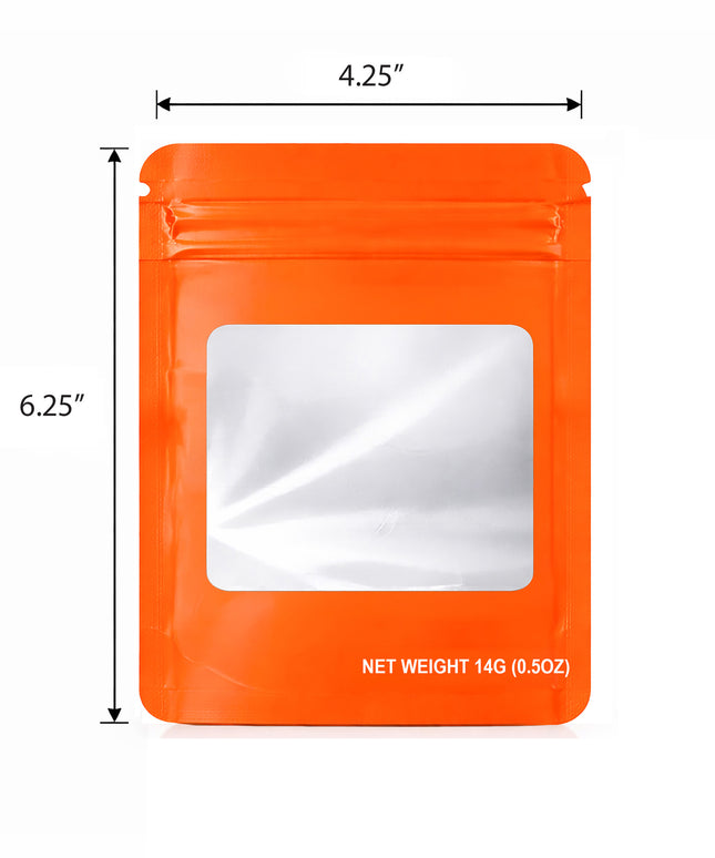 50 Pack – 14g Solid Color Mylar Bags with Square Window - Orange