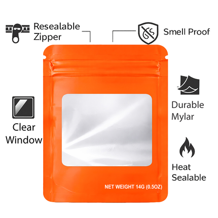 50 Pack – 14g Solid Color Mylar Bags with Square Window - Orange