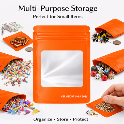 50 Pack – 14g Solid Color Mylar Bags with Square Window - Orange