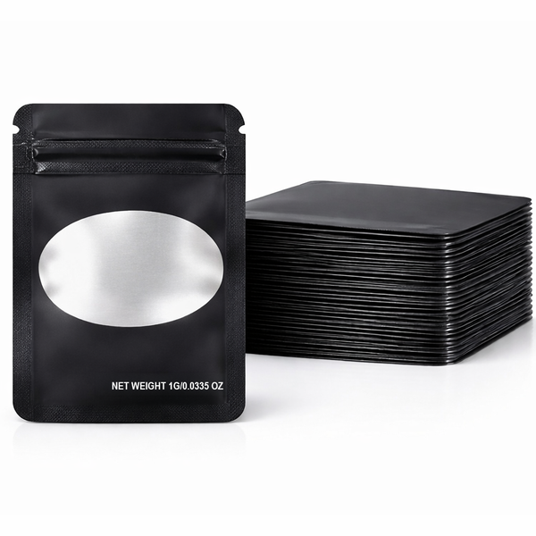 100 Pack – 1g Solid Color Mylar Bags with Oval Window - Black
