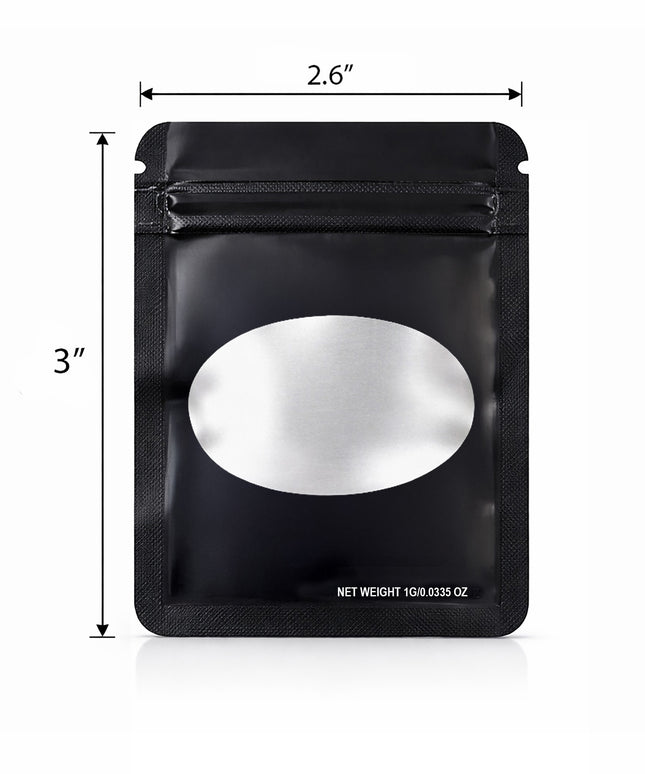 100 Pack – 1g Solid Color Mylar Bags with Oval Window - Black