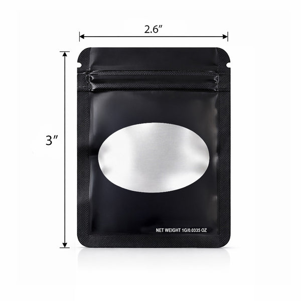 100 Pack – 1g Solid Color Mylar Bags with Oval Window - Black