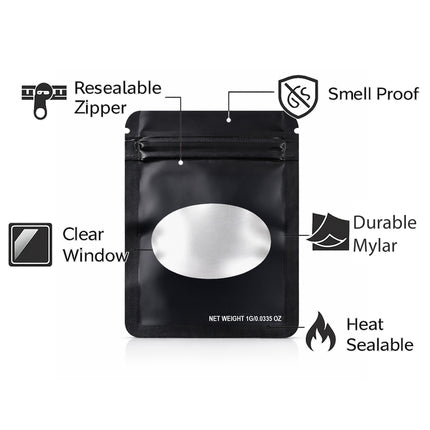 100 Pack – 1g Solid Color Mylar Bags with Oval Window - Black