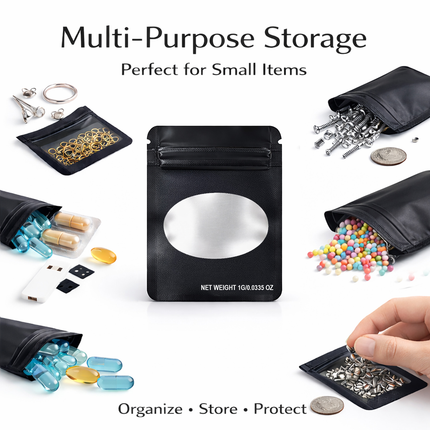 100 Pack – 1g Solid Color Mylar Bags with Oval Window - Black