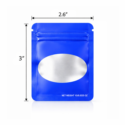 100 Pack – 1g Solid Color Mylar Bags with Oval Window - Royal Blue