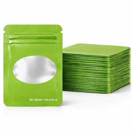 100 Pack – 1g Solid Color Mylar Bags with Oval Window - Green