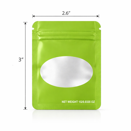 100 Pack – 1g Solid Color Mylar Bags with Oval Window - Green