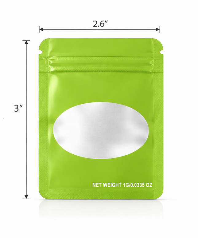 100 Pack – 1g Solid Color Mylar Bags with Oval Window - Green