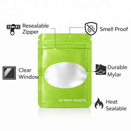 100 Pack – 1g Solid Color Mylar Bags with Oval Window - Green
