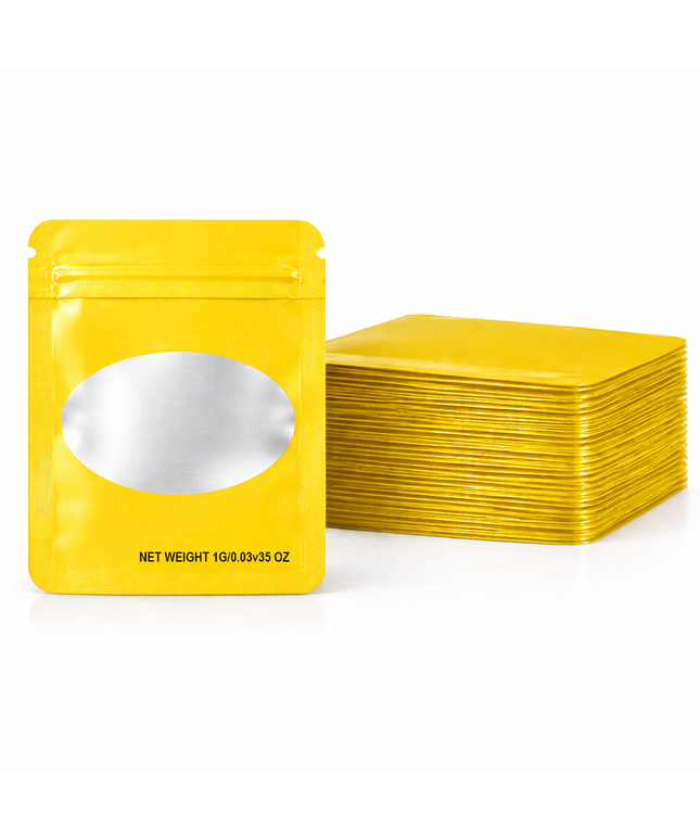 100 Pack – 1g Solid Color Mylar Bags with Oval Window - Yellow