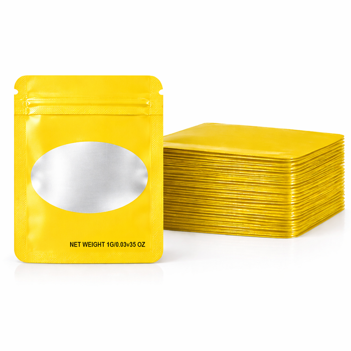 100 Pack – 1g Solid Color Mylar Bags with Oval Window - Yellow