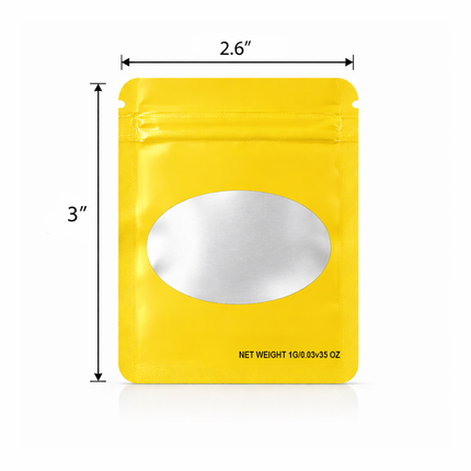 100 Pack – 1g Solid Color Mylar Bags with Oval Window - Yellow