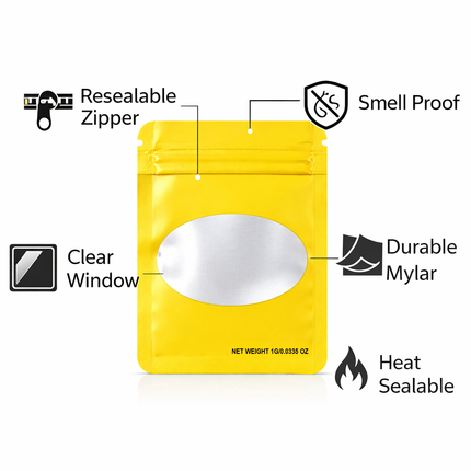100 Pack – 1g Solid Color Mylar Bags with Oval Window - Yellow