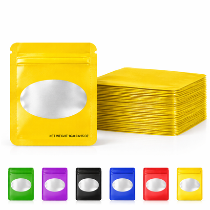 100 Pack – 1g Solid Color Mylar Bags with Oval Window - Yellow