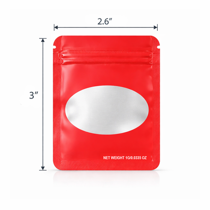100 Pack – 1g Solid Color Mylar Bags with Oval Window - Red
