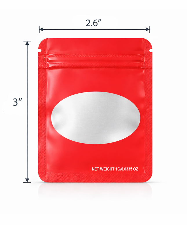 100 Pack – 1g Solid Color Mylar Bags with Oval Window - Red
