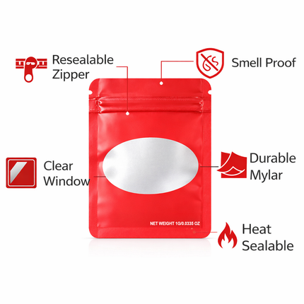 100 Pack – 1g Solid Color Mylar Bags with Oval Window - Red