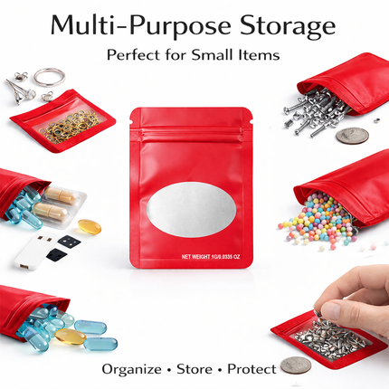 100 Pack – 1g Solid Color Mylar Bags with Oval Window - Red