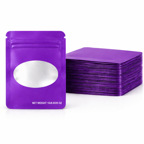 100 Pack – 1g Solid Color Mylar Bags with Oval Window - Purple
