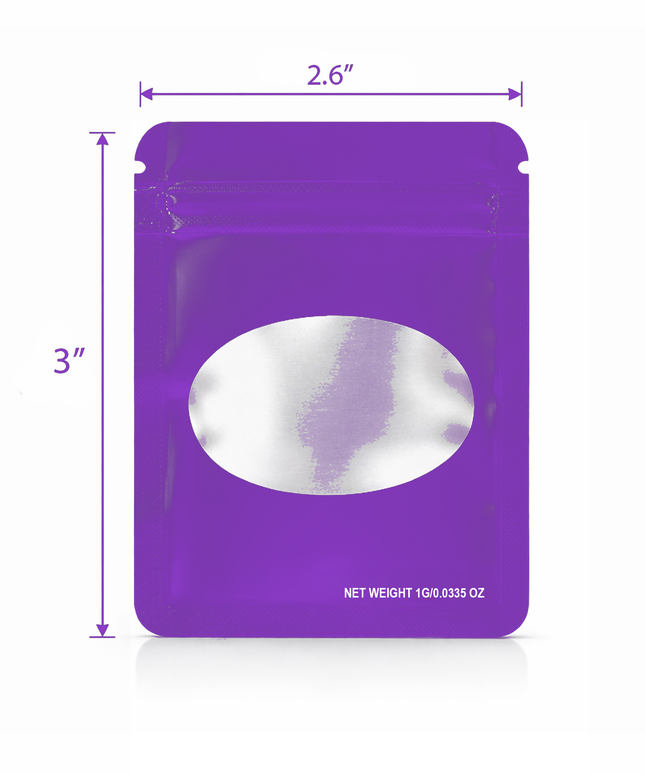 100 Pack – 1g Solid Color Mylar Bags with Oval Window - Purple