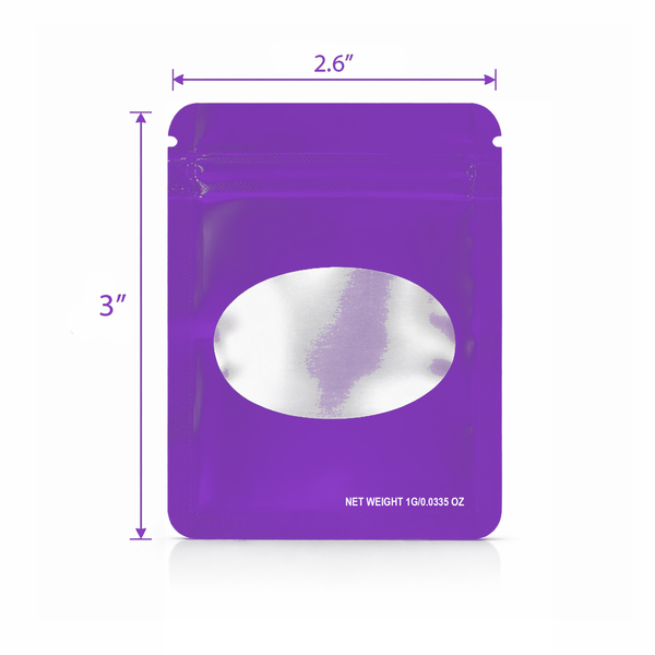 100 Pack – 1g Solid Color Mylar Bags with Oval Window - Purple