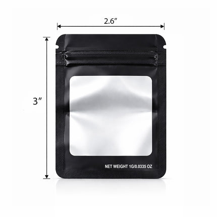 100 Pack – 1g Solid Color Mylar Bags with Square Window - Black