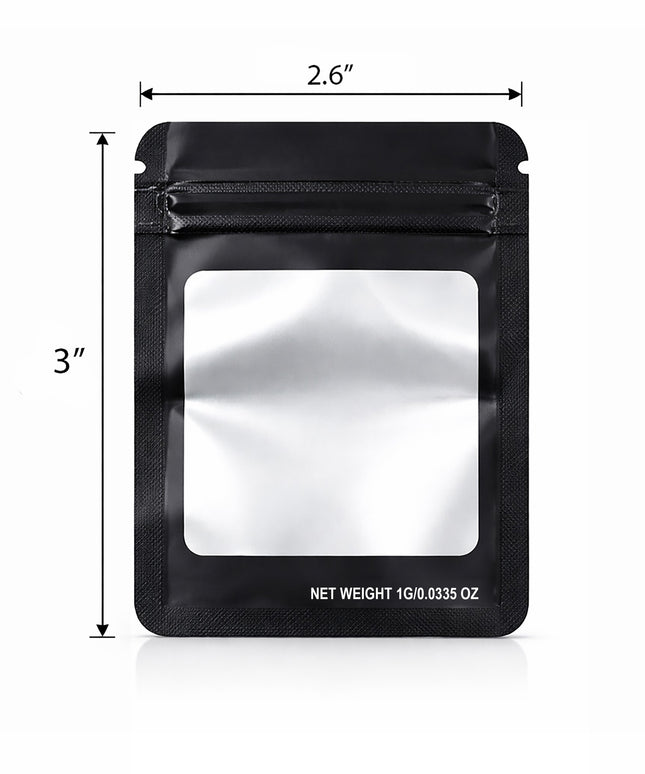 100 Pack – 1g Solid Color Mylar Bags with Square Window - Black
