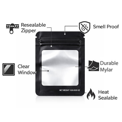 100 Pack – 1g Solid Color Mylar Bags with Square Window - Black