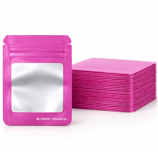 100 Pack – 1g Solid Color Mylar Bags with Square Window - Pink
