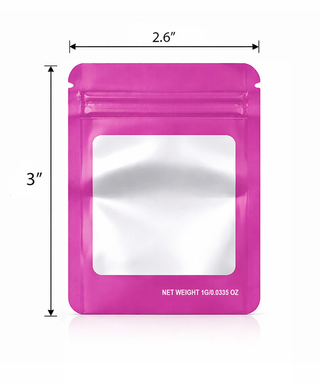 100 Pack – 1g Solid Color Mylar Bags with Square Window - Pink