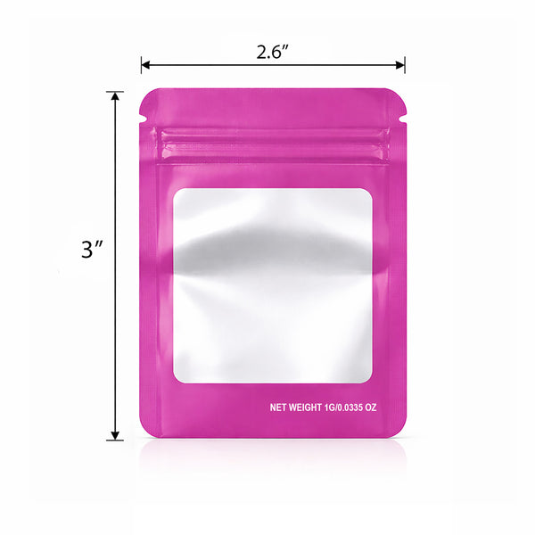 100 Pack – 1g Solid Color Mylar Bags with Square Window - Pink