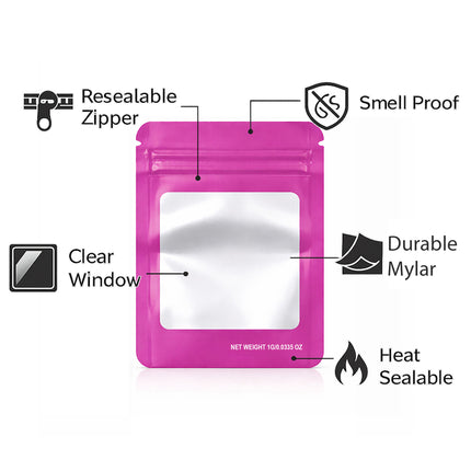 100 Pack – 1g Solid Color Mylar Bags with Square Window - Pink