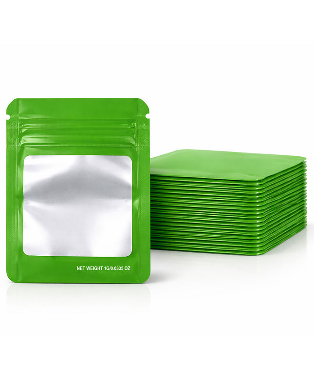 100 Pack – 1g Solid Color Mylar Bags with Square Window - Green
