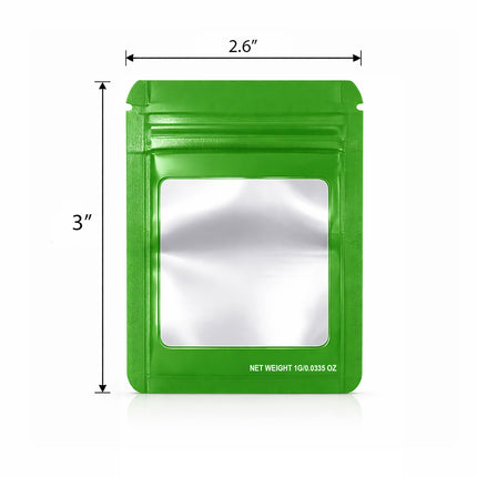 100 Pack – 1g Solid Color Mylar Bags with Square Window - Green