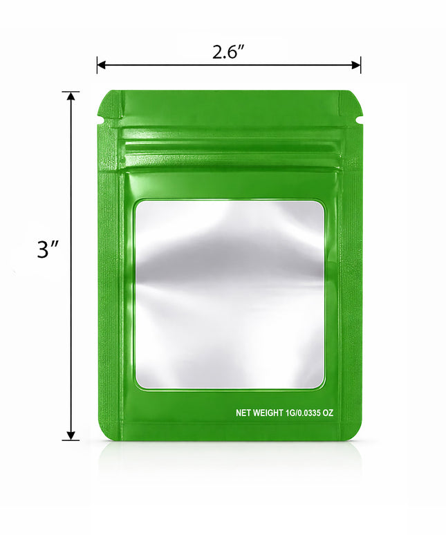 100 Pack – 1g Solid Color Mylar Bags with Square Window - Green