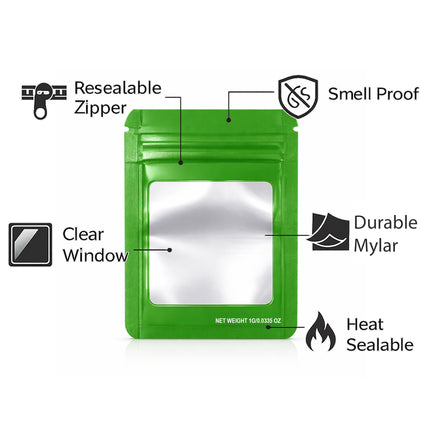 100 Pack – 1g Solid Color Mylar Bags with Square Window - Green