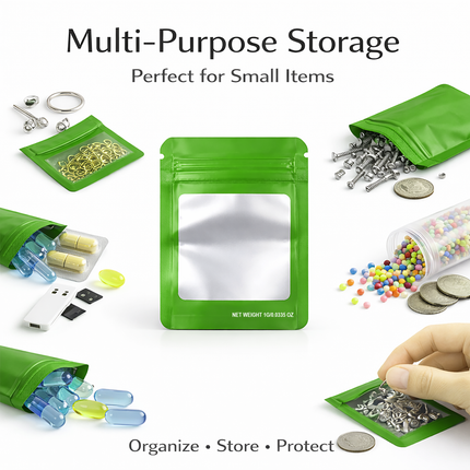 100 Pack – 1g Solid Color Mylar Bags with Square Window - Green
