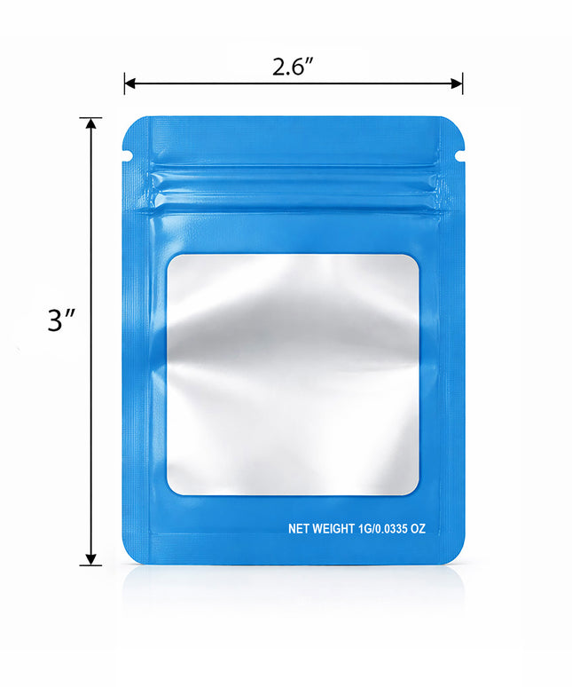 100 Pack – 1g Solid Color Mylar Bags with Square Window - Light Blue