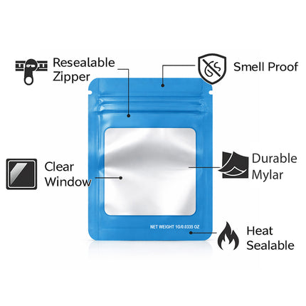 100 Pack – 1g Solid Color Mylar Bags with Square Window - Light Blue