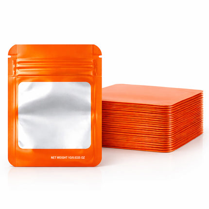 100 Pack – 1g Solid Color Mylar Bags with Square Window - Orange