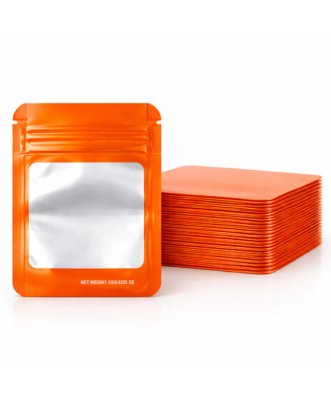 100 Pack – 1g Solid Color Mylar Bags with Square Window - Orange