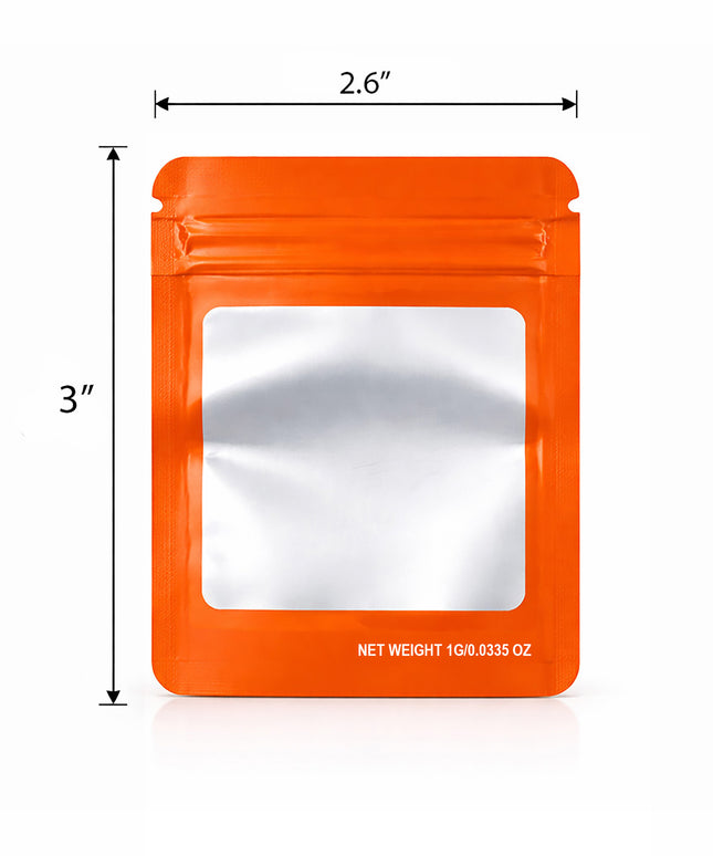 100 Pack – 1g Solid Color Mylar Bags with Square Window - Orange